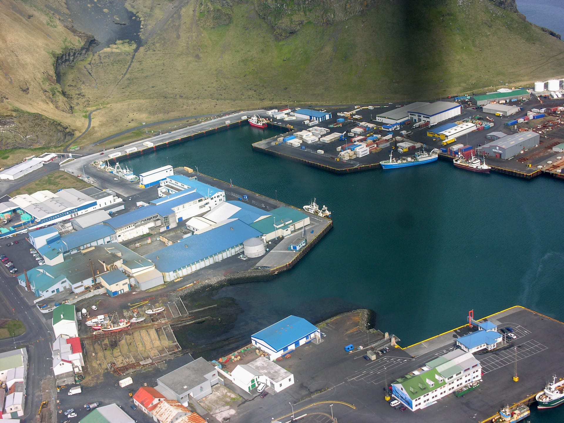 Aerial view of Heimaey harbor in Vestmannaeyjar, Iceland