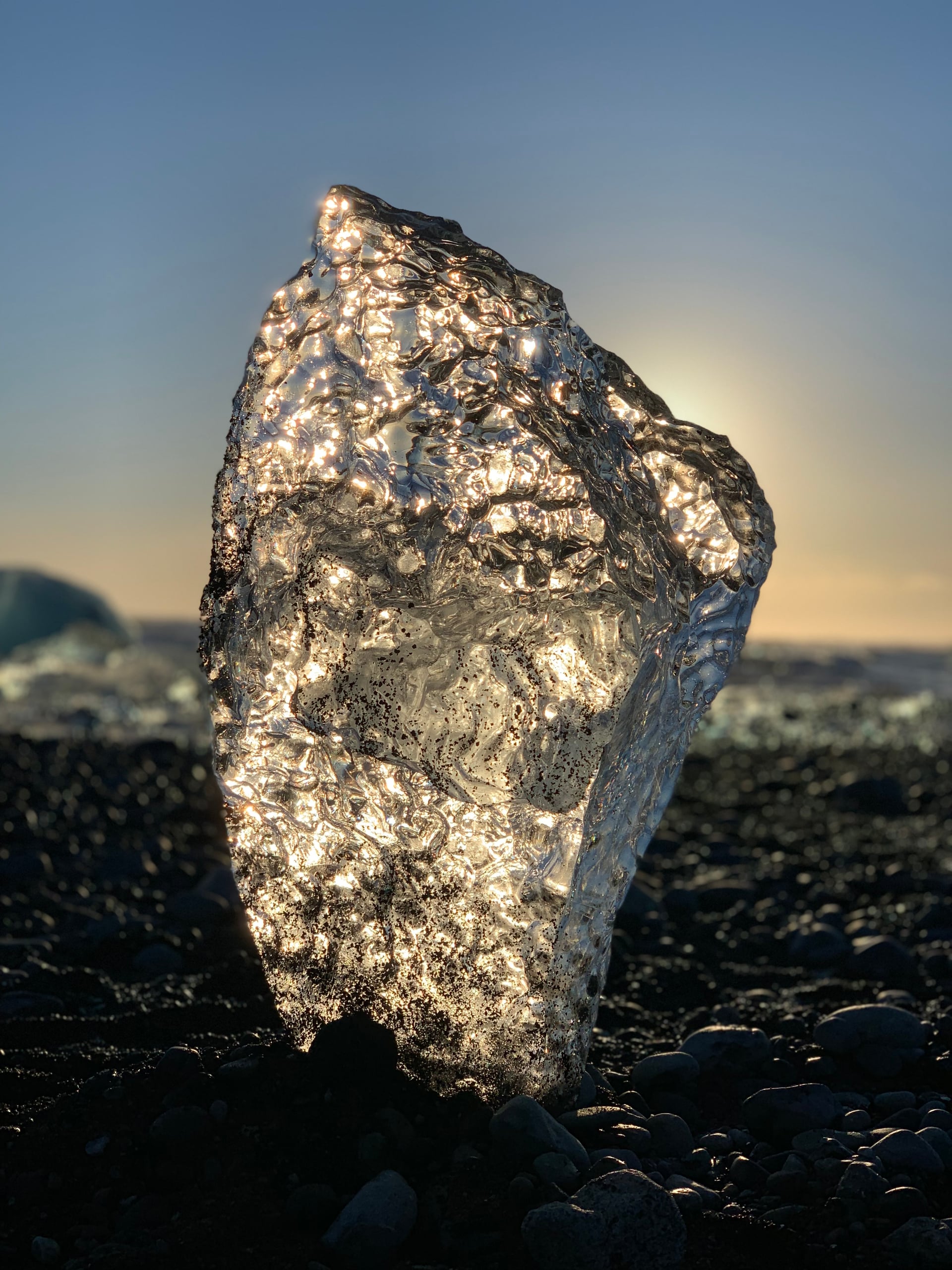 Glacial ice on the black sand of Diamond Beach in southeast Iceland