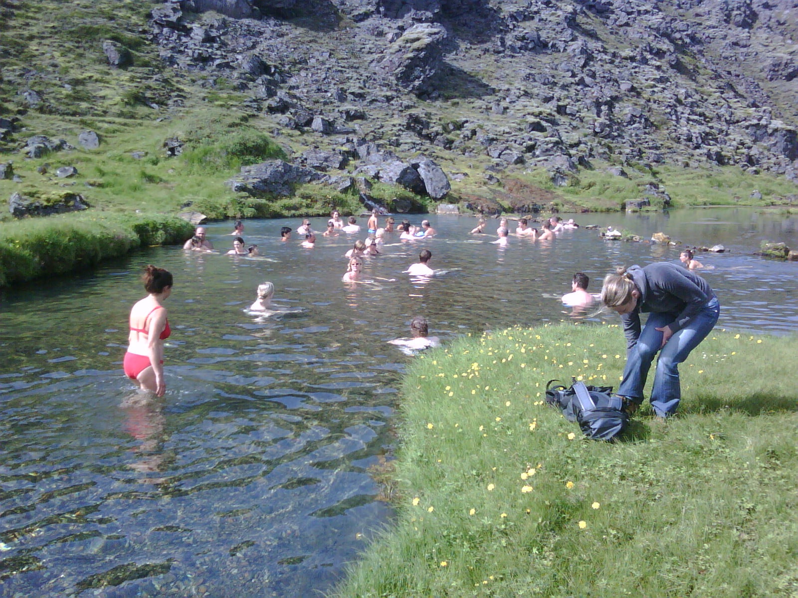 Natural hot spring bathing area at Landmannalaugar in Iceland