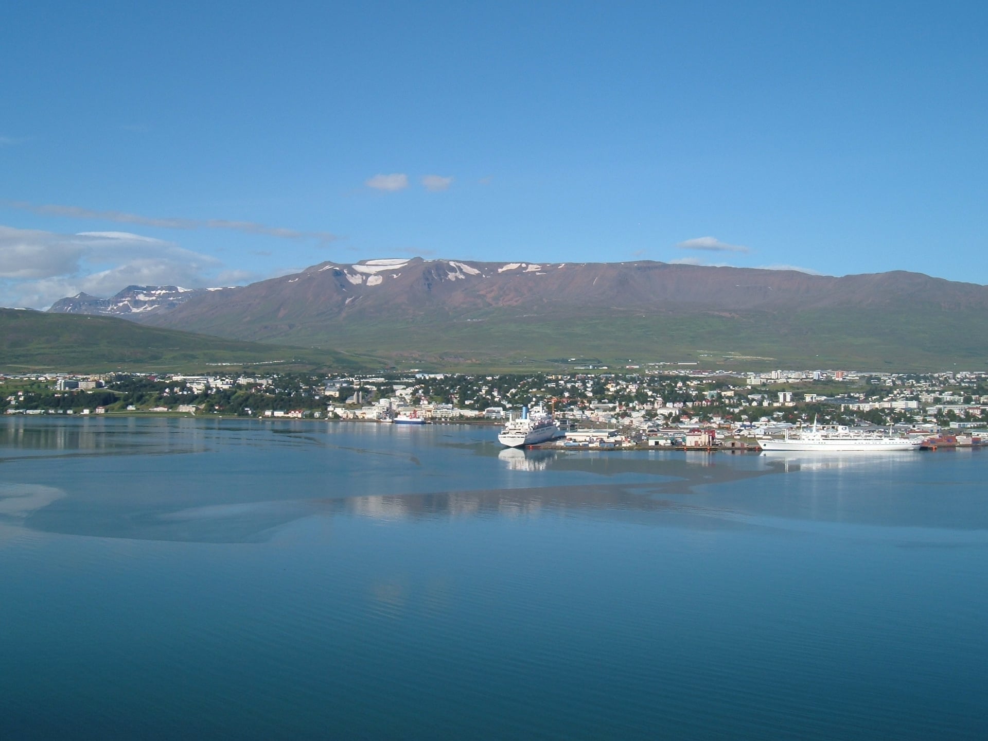 View across Eyjafjörður toward Akureyri in North Iceland