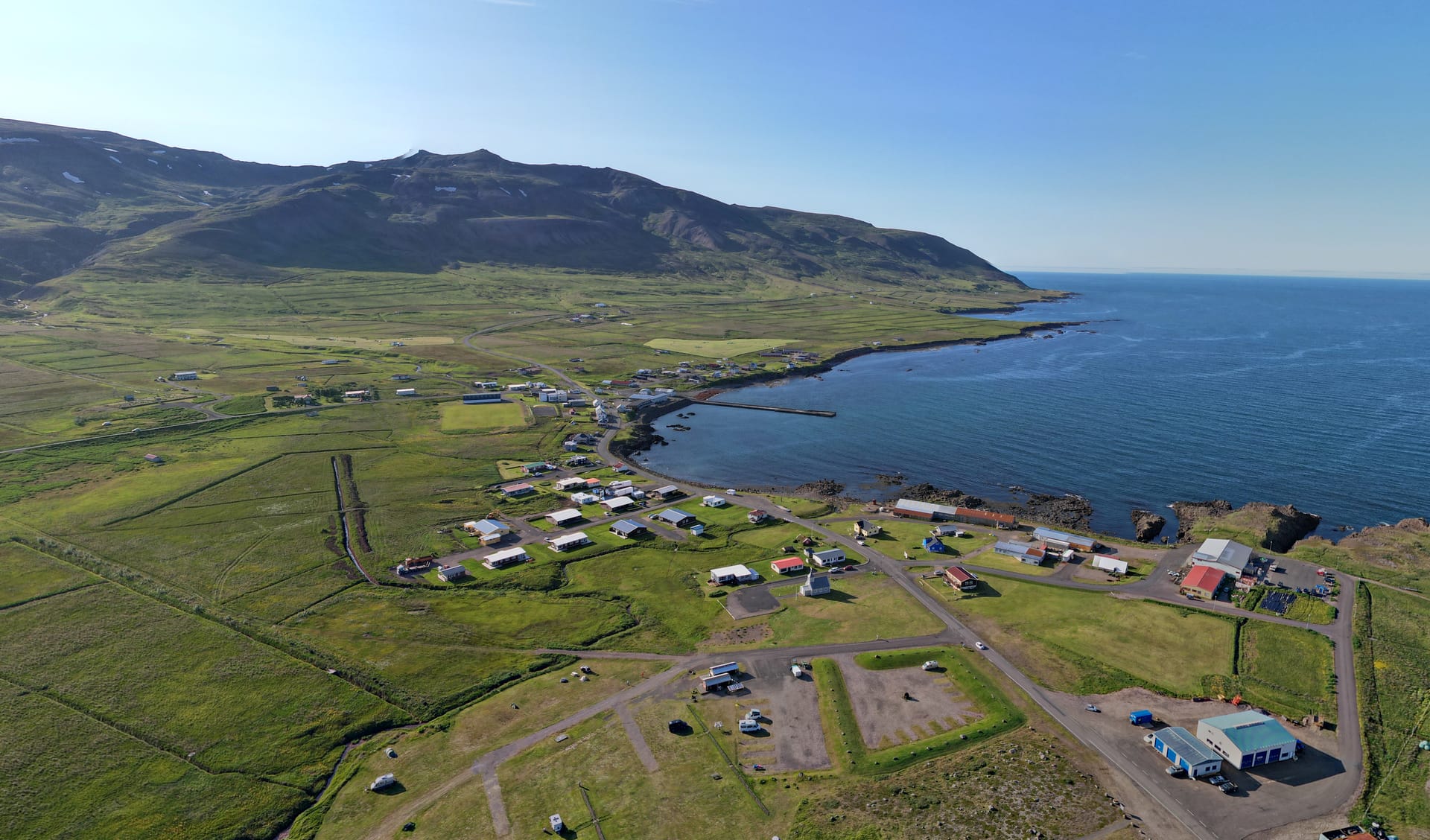 Aerial view of Borgarfjörður Eystri and Bakkagerði in East Iceland