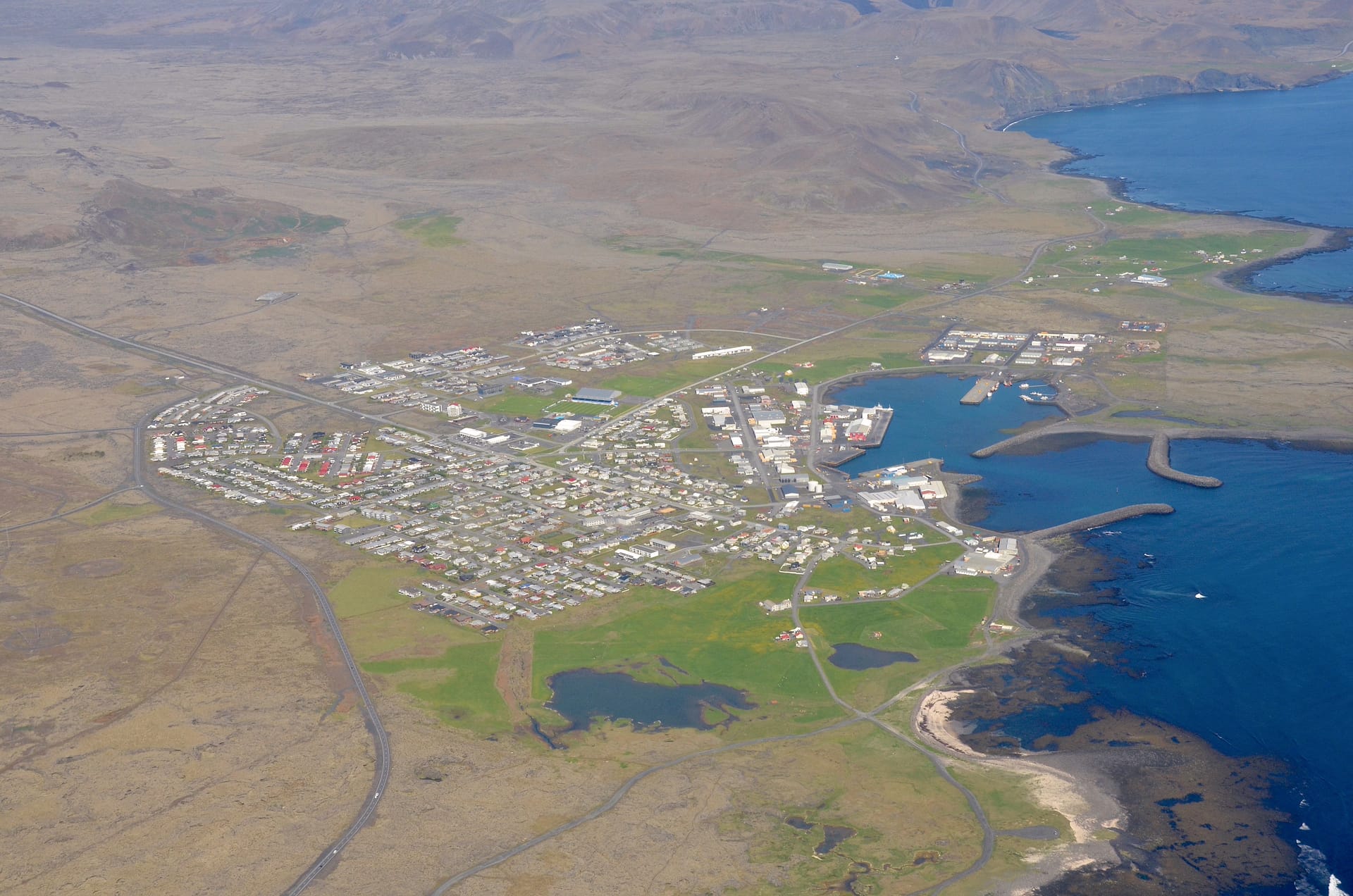 Aerial view of Grindavík harbor town on the Reykjanes Peninsula