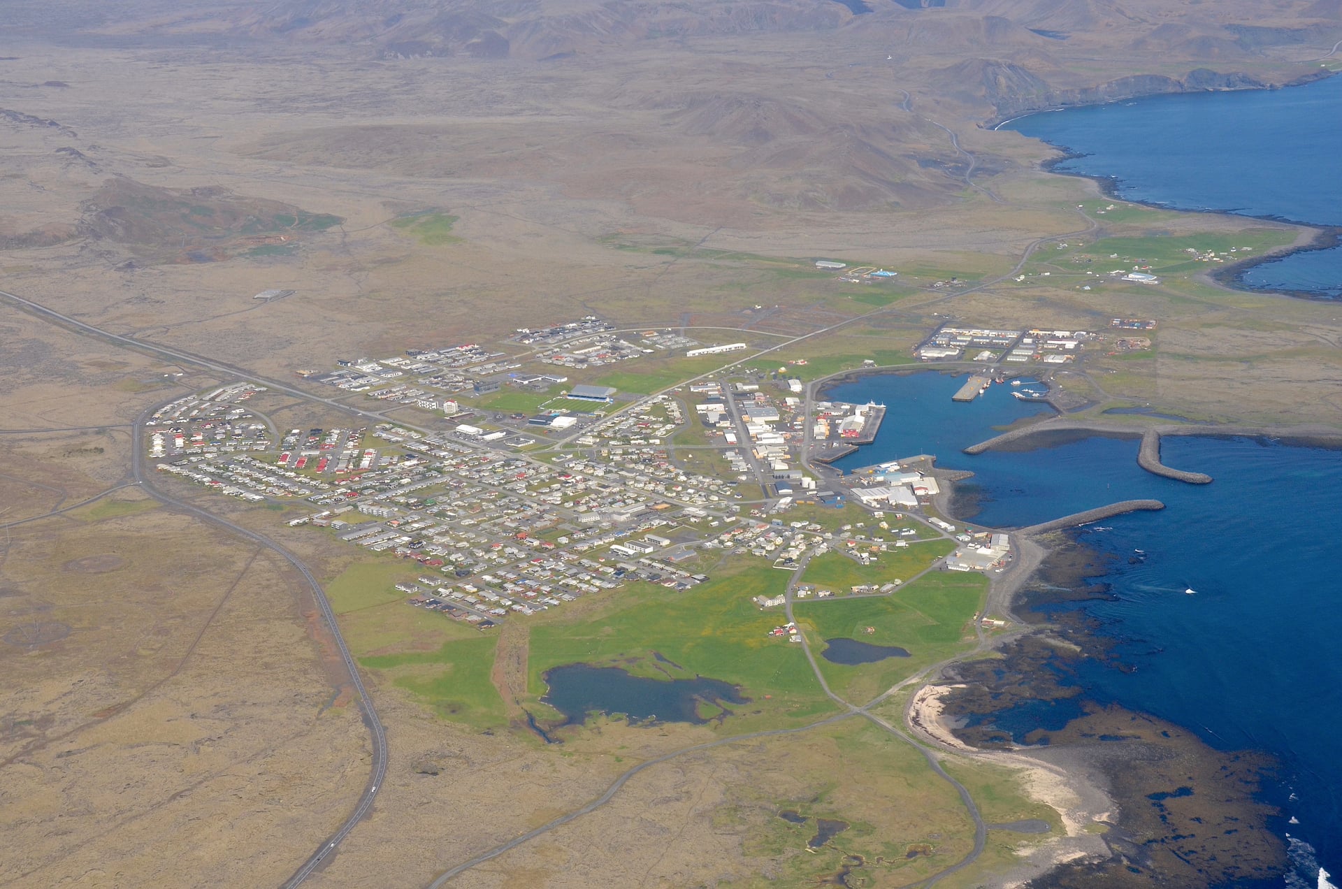 Aerial view of Grindavík harbor town on the Reykjanes Peninsula
