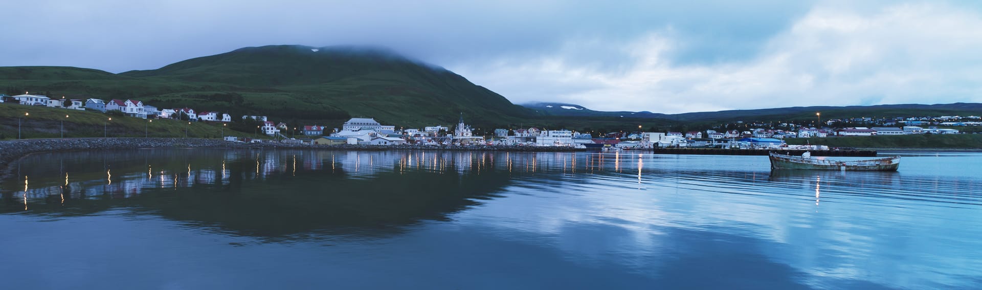 Panoramic view of Húsavík and Skjálfandi Bay in North Iceland
