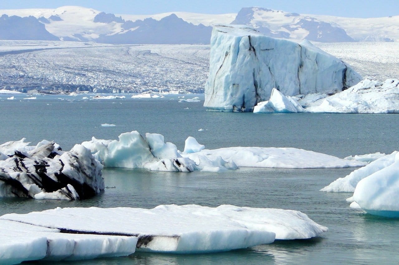 Icebergs floating in Jökulsárlón glacier lagoon in southeast Iceland