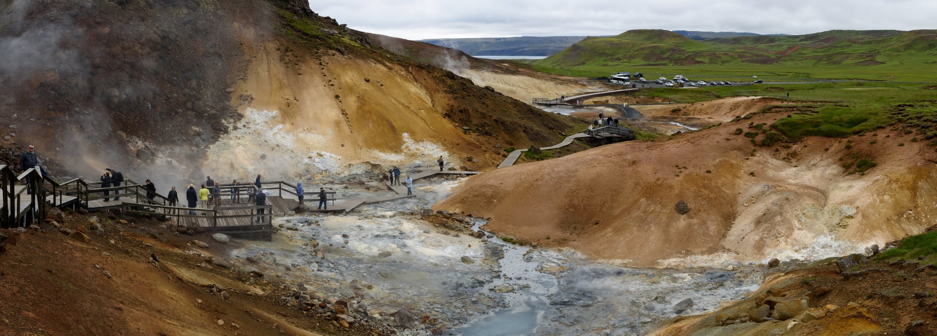 Steam and mineral-streaked ground at Seltún geothermal area in Krýsuvík, Iceland
