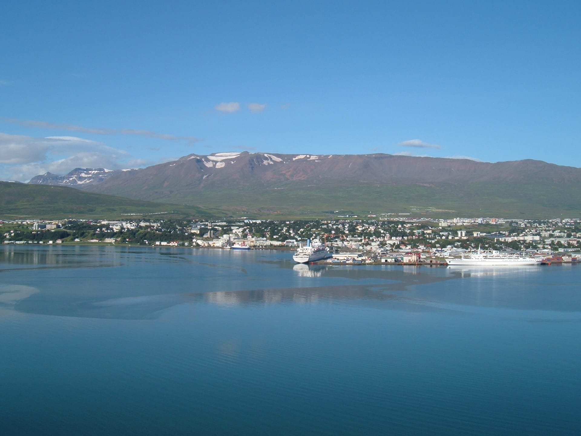 View across Eyjafjörður toward Akureyri in North Iceland